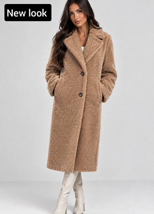 Пальто жіноче тедді коричневого кольору на гудзиках від бренду new look xs s