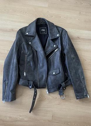 Куртка жіноча zara косуха washed effect з еко шкіри, чорна