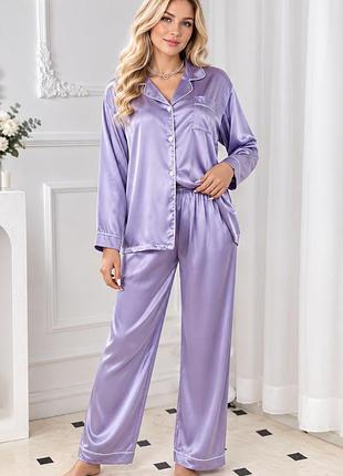 Атласна піжама жіноча на ґудзиках xl 2xl зі штанами фіолетова 2xl