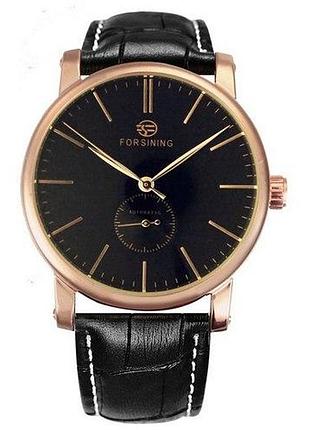 Мужские механические часы forsining 8214 gold-black с автоподзаводом и кожаным ремешком