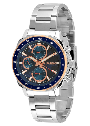 Чоловічий годинник guardo premium 012782-2 корпус сталь із рожевим золотом сталевий браслет темно-синій циферблат з датою
