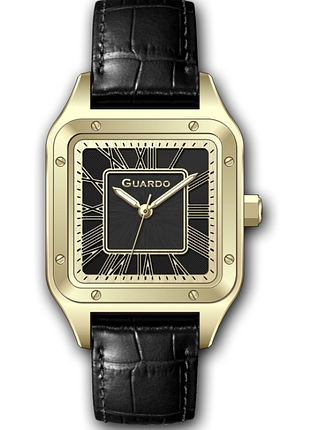 Жіночий годинник guardo premium 012835-4 золотистий квадратний корпус чорний шкіряний ремінець чорний циферблат