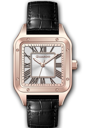 Жіночий годинник guardo premium 012835-5 квадратний корпус рожеве золото чорний шкіряний ремінець світлий циферблат