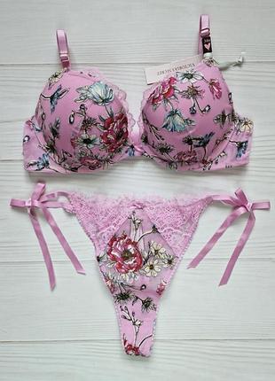Комплект жіночий victoria’s secret пушап рожевий з квітковим принтом