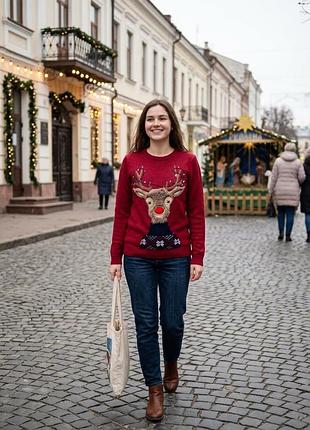 Новогодний свитер с пушистой аппликацией оленя, светящийся свитер, размер 42