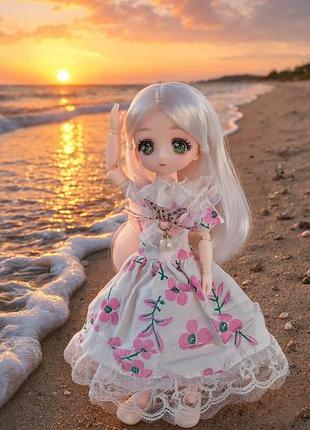 Красивая шарнирная кукла bjd с белыми волосами в розовом платье с цветами 22см
