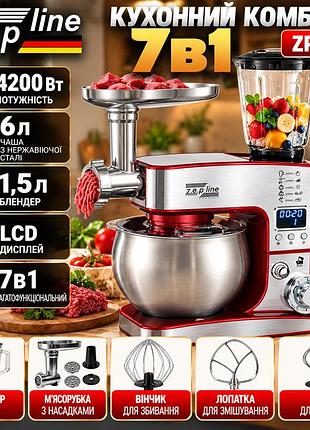 Кухонный комбайн-тистомис 7в1 zepline zp-135 4200 вт с дисплеем и чашей 6 л, красно-серый