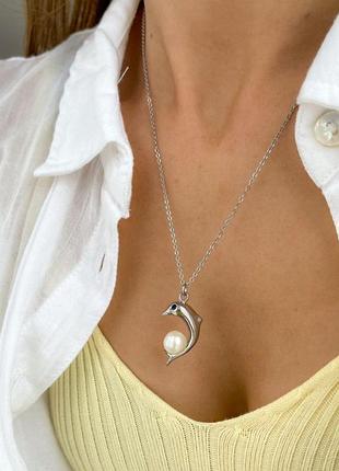 Женская подвеска dolphin with pearl (1781-01) серебряный 48см