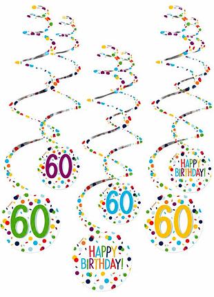 Подвесные спиральные украшения riethmüller “60” happy birthday, 6 шт, праздничный декор