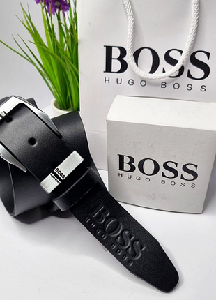 Мужской ремень hugo boss кожаный брендовый пояс из натуральной кожи с классической металлической пряжкой для джинс и брюк босс
