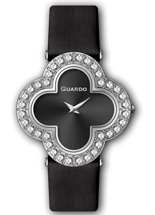 Женские часы guardo premium 012833-1 стальной корпус-клевер с кристаллами чёрный кожаный ремешок чёрный циферблат