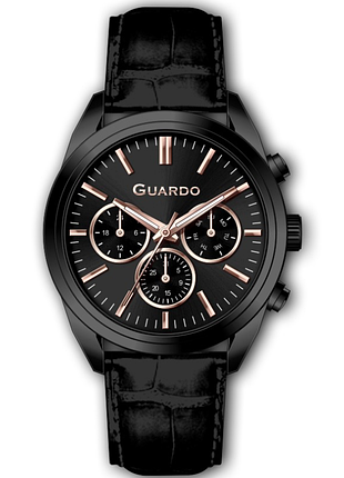 Чоловічий годинник guardo premium 012836-3 чорний корпус чорний шкіряний ремінець чорний циферблат з датою