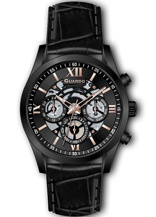 Чоловічий годинник guardo premium 012837-7 чорний корпус чорний шкіряний ремінець чорний циферблат з датою