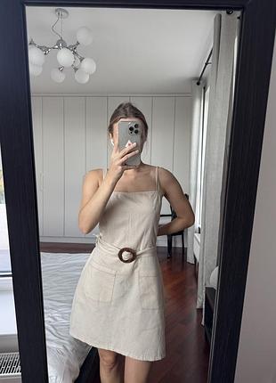 Бежевое льняное льняное платье на бретелях asos