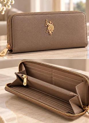 Женский кошелек u.s. polo assn. taupe (бежевый), большой кошелек на молнии