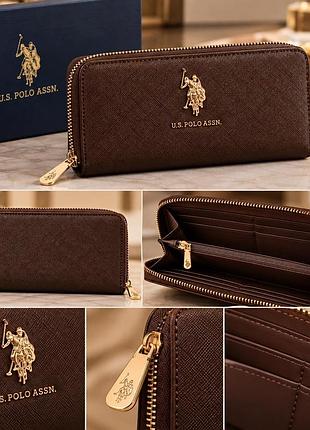 Женский кошелек u.s. polo assn.коричневый, большой кошелек на молнии