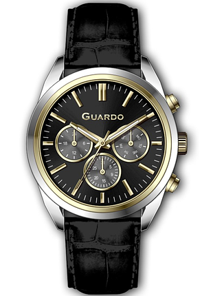 Чоловічий годинник guardo premium 012836-4 корпус сталь із золотом чорний шкіряний ремінець чорний циферблат з датою