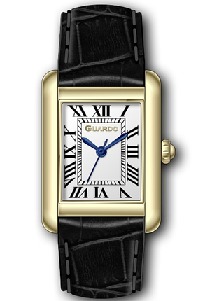 Женские часы guardo premium 012834-3 золотистый прямоугольный корпус чёрный кожаный ремешок светлый циферблат