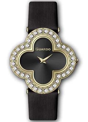 Женские часы guardo premium 012833-2 золотистый корпус-клевер с кристаллами чёрный кожаный ремешок чёрный циферблат
