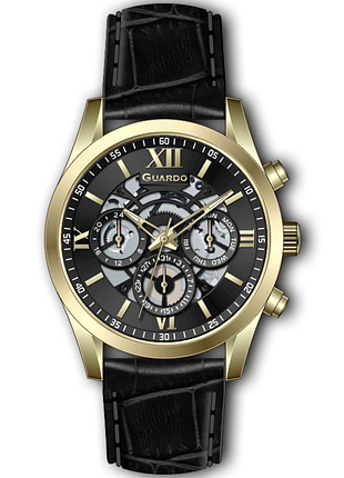 Чоловічий годинник guardo premium 012837-6 золотистий корпус чорний шкіряний ремінець чорний циферблат з датою