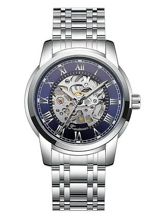 Мужские механические часы winner 8250 silver-blue со стальным браслетом и синим циферблатом