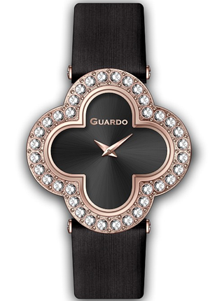 Женские часы guardo premium 012833-3 корпус-клевер розовое золото с кристаллами чёрный кожаный ремешок чёрный циферблат