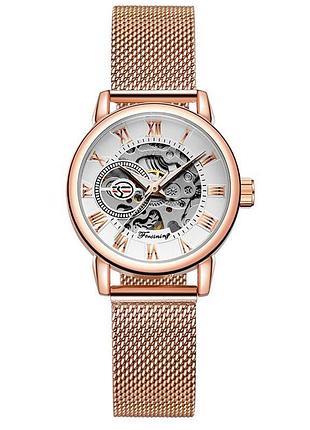 Жіночий механічний годинник forsining 8099m cuprum-white ledy mesh з мінеральним склом