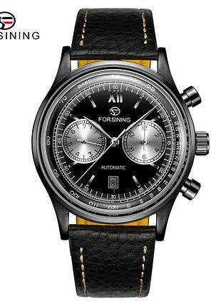 Мужские механические часы forsining 6921 all black с автоподзаводом и кожаным ремешком