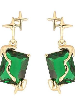 Сережки пусети позолота 14k зірки з зеленими кристалами (310698) тм xuping