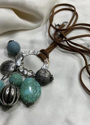 ✨ 🩵 🤎 масивне кольє-підвіс у стилі boho chic на шкіряних шнурах бірюза 🤎 🩵 ✨