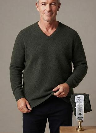 Мужской тонкий свитер (джемпер) из шерсти темно-зеленого бренда marks &amp; spencer extra fine lambswool в размере 4xl