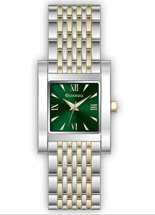 Жіночий годинник guardo premium 012804-3 двоколірний прямокутний корпус комбінований браслет смарагдовий циферблат