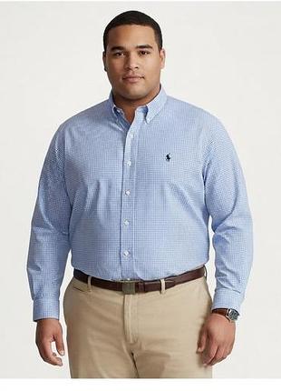 Мужская классическая рубашка polo ralph lauren в мелкую голубо-белую клетку (узор гингем).