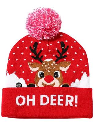 Новорічна шапка з помпоном oh deer! червона, з оленем та led-підсвіткою