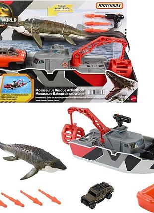 Динозавр мозазавр ігровий набір  matchbox jurassic world mosasaurus rescue action boat