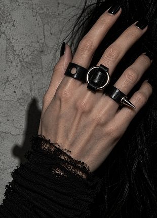 Калбучки кольца черные кожаные, авангардные кольца gothic, avantgarde, boho, alt, witchcore, statement, minimalism, punk rock