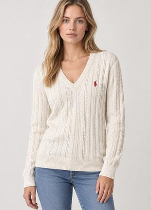 Класичний білий светр polo ralph lauren в косичку (з v-вирізом)