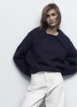 Жіночий светр zara синій з коміром вовна альпака