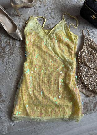 Вечірня сукня жіноча boohoo міні в паєтки жовта s/m