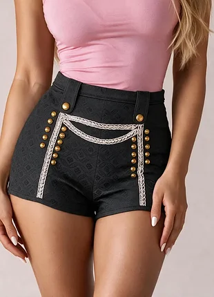 Мини-шорты черные с высокой талией ✨ гусарский декор и жаккард 🔥 river island petite 🖤 танцевальные винтажные для стриптиза