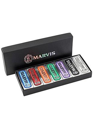 Подарункова коробка marvis 7 flavours box 7x25 мл (classic strong, whitening, aquatic, ginger, licorice, jasmin , cinnamon)