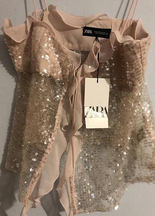 Новий топ zara з паєтками та воланами пудровий розмір s з біркою