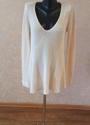Нежная кремовая вязаная туника-свитер zara knit с глубоким вырезом и расклешенным низом, размер l