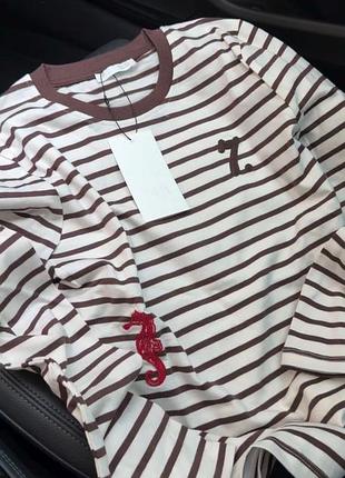 Лонг лонгслів тільник в смужку коричневу шоколадну з вишивкою zara / лонгслив в полоску коричневую тельняшка с вышивкой