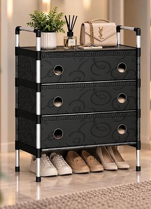 Полка для обуви закрыта 4 яруса / черная обувница с дверцей и узором / тканный шкаф в прихожую