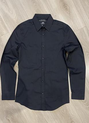 Чоловіча сорочка h&m easy iron slim fit темно синя класична як нова