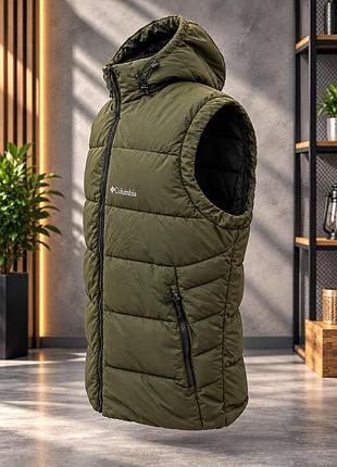 Мужская стеганая безрукавка columbia outdoor хаки с капюшоном и высоким воротником 56