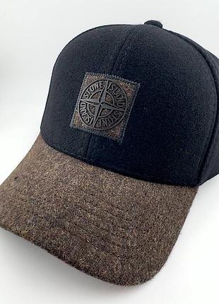 Чоловіча зимова бейсболка stone island з італійської вовни з вухами (чорна з коричневим козирком)