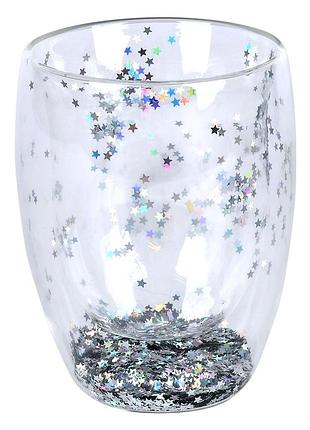 Стакан stenson glitter r10128 с двойной стенкой 300 мл подвижные звездочки прозрачная