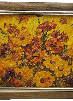 Б/у бурштинова картина «квіти» 15x20см